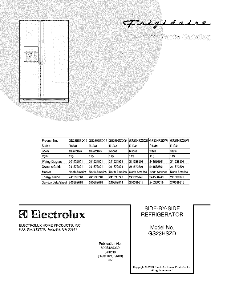 COVER Diagram and Parts List for GS23HSZDC6  Frigidaire Refrigerator