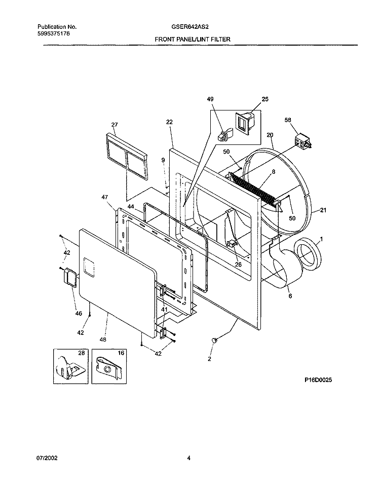FRNT PNL, DOOR Diagram and Parts List for GSER642AS2  Frigidaire Dryer