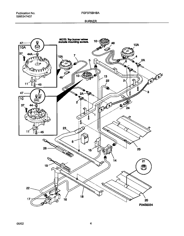 BURNER Diagram and Parts List for FGF375BHBA  Frigidaire Range