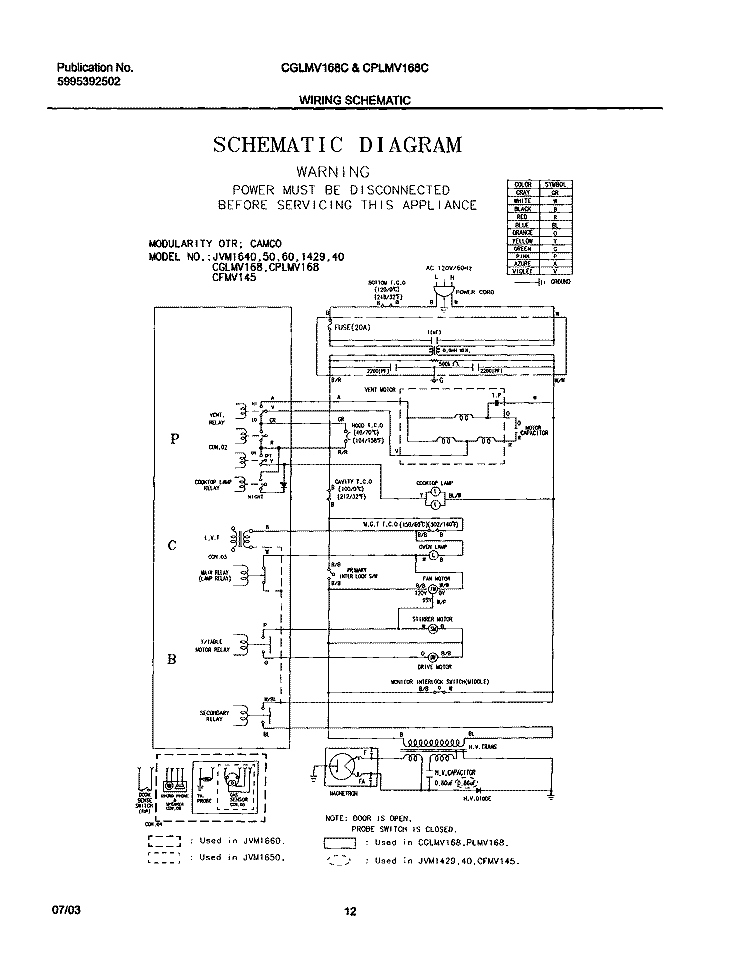 WIRING SCHEMATIC Diagram and Parts List for CGLMV168CQ1  Frigidaire Microwave