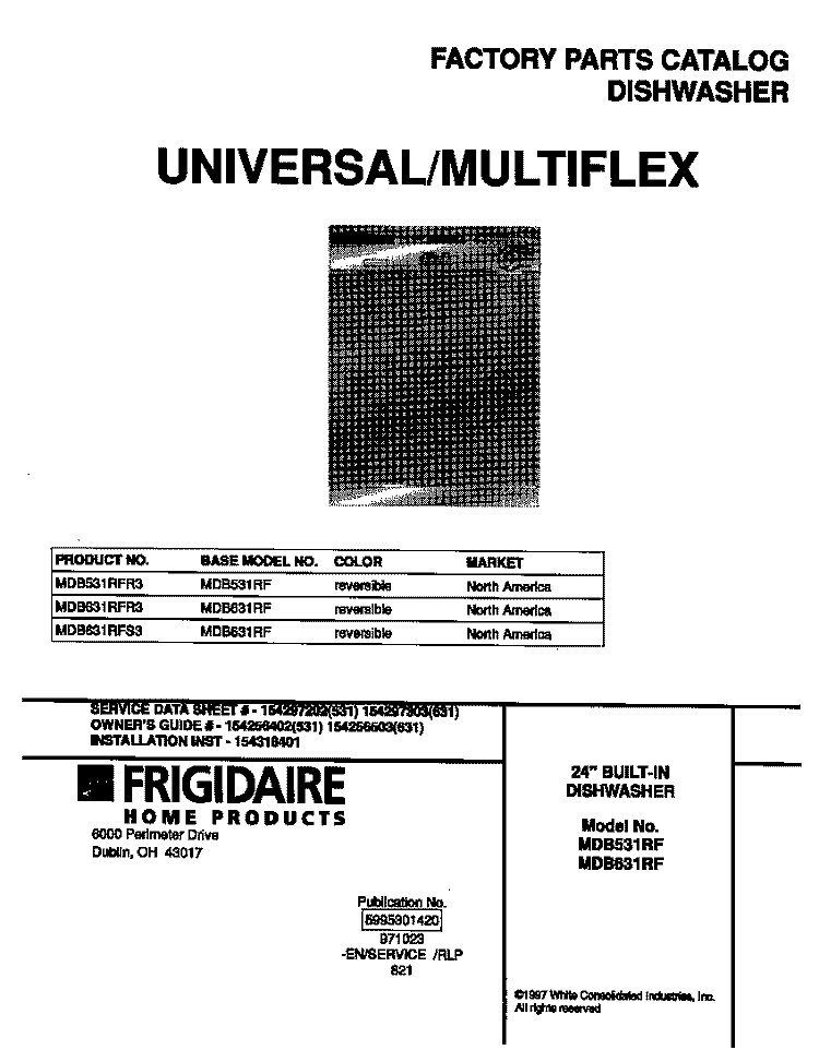 COVER Diagram and Parts List for MDB531RFR3  Frigidaire Dishwasher