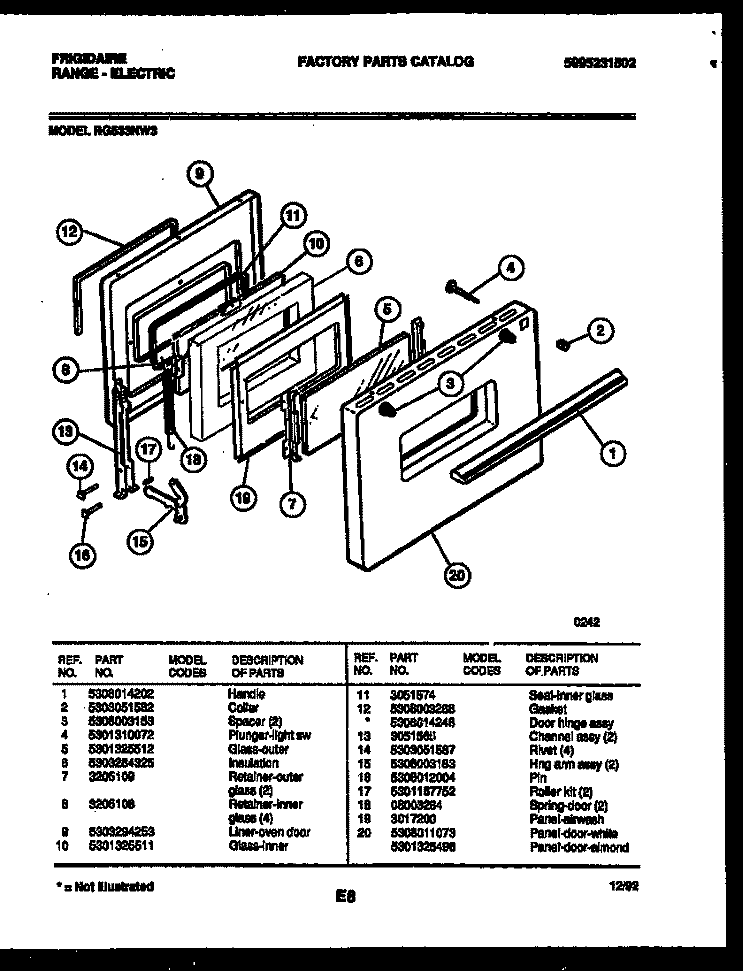 DOOR PARTS Diagram and Parts List for RG533NW3  Frigidaire Range