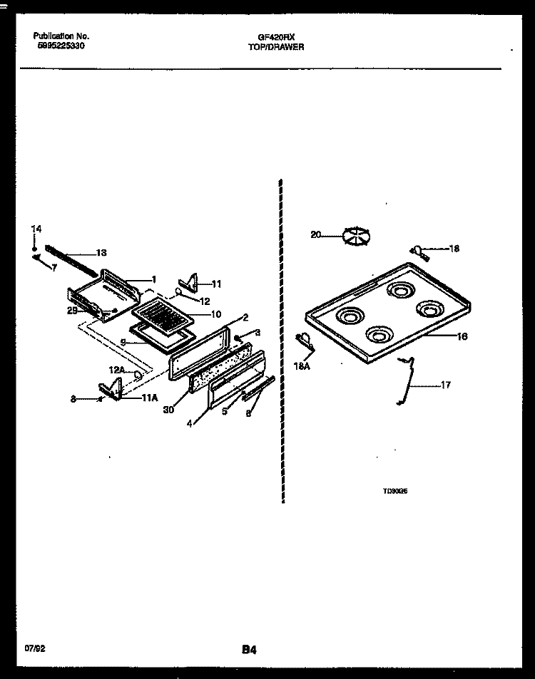 COOKTOP AND BROILER DRAWER PARTS Diagram and Parts List for GF420RXD1  Frigidaire Range