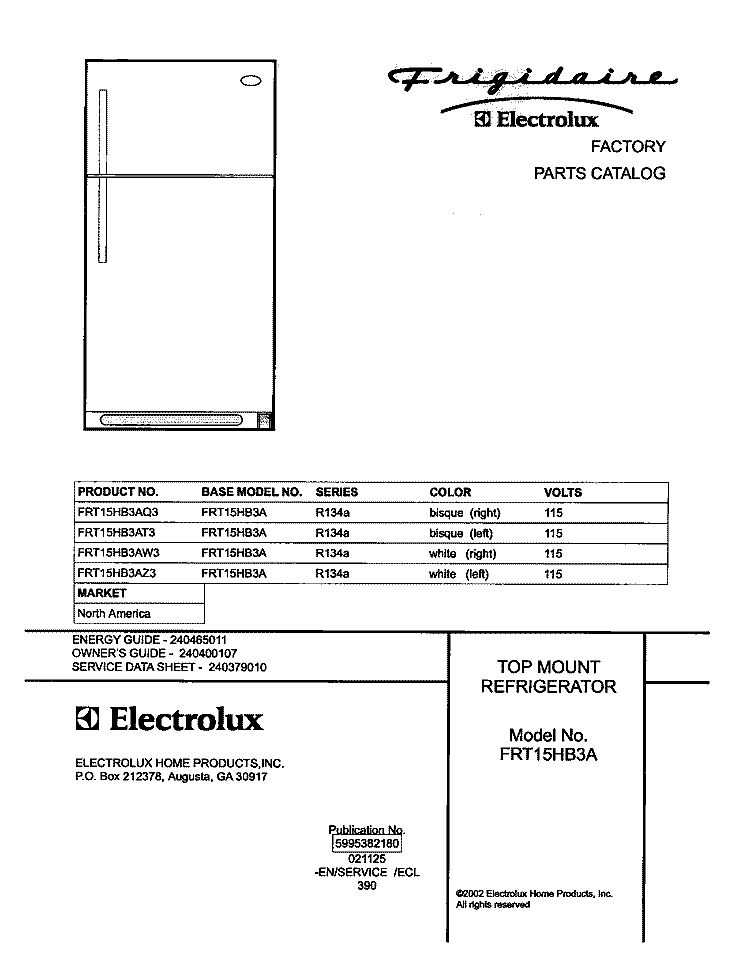 COVER Diagram and Parts List for FRT15HB3AZ3  Frigidaire Refrigerator