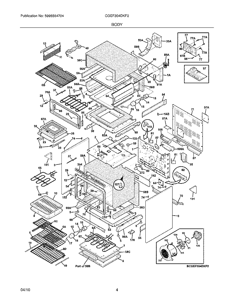 BODY Diagram and Parts List for CGEF304DKF2  Frigidaire Range