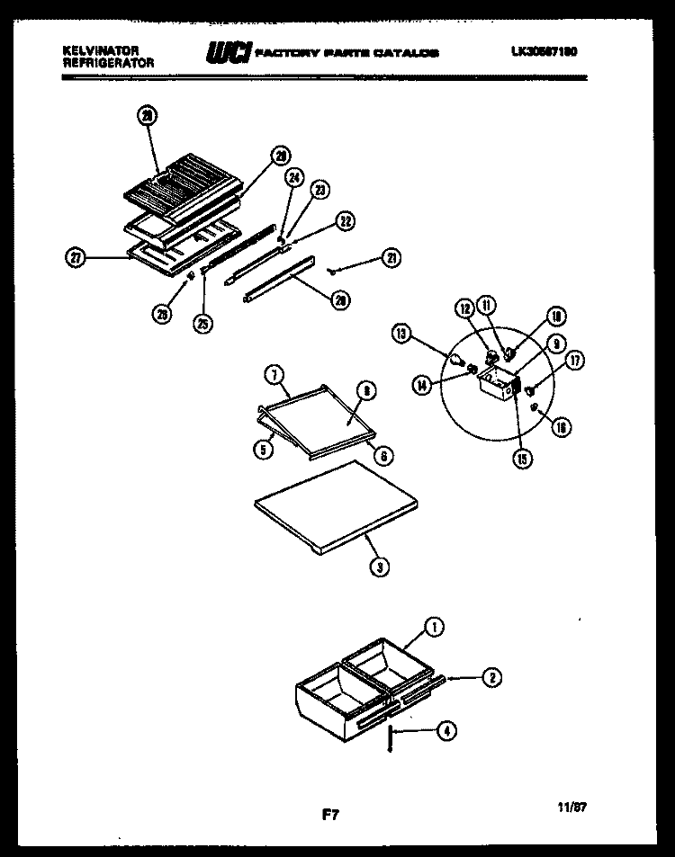 SHELVES AND SUPPORTS Diagram and Parts List for TGK180AN7F  Kelvinator Refrigerator