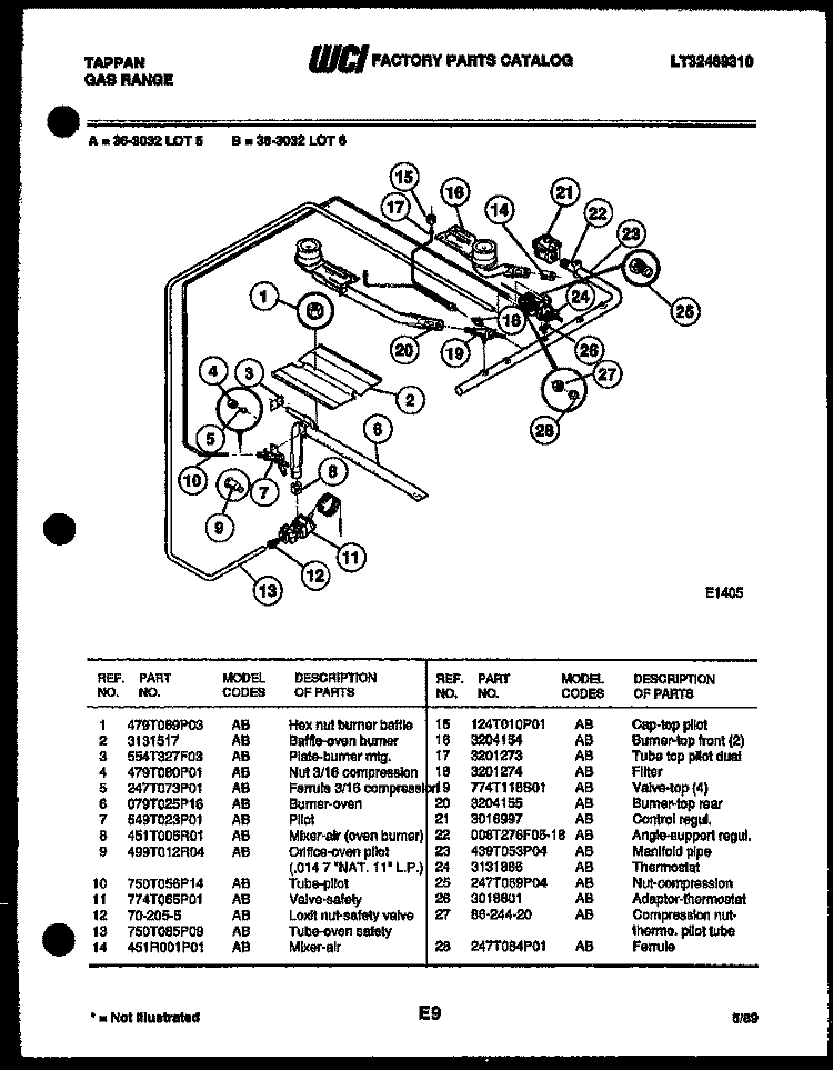 BURNER, MANIFOLD AND GAS CONTROL Diagram and Parts List for 36-3032-23-06  Tappan Range