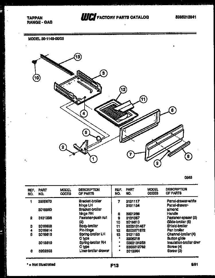 BROILER DRAWER PARTS Diagram and Parts List for 30-1149-00-05  Tappan Range