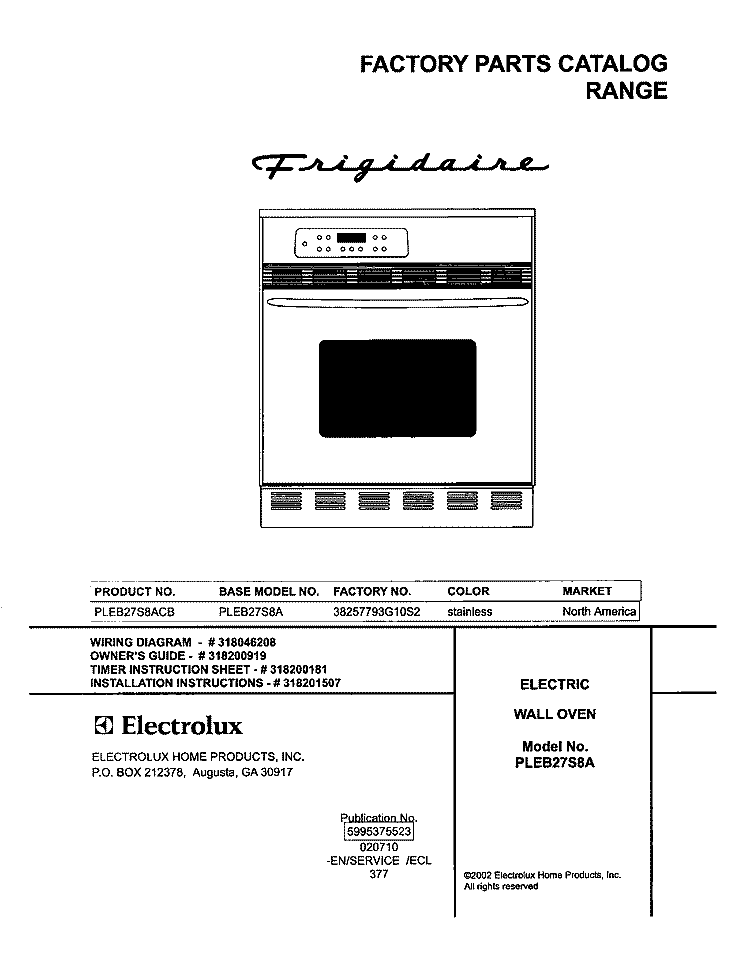 COVER Diagram and Parts List for PLEB27S8ACB  Frigidaire Wall Oven
