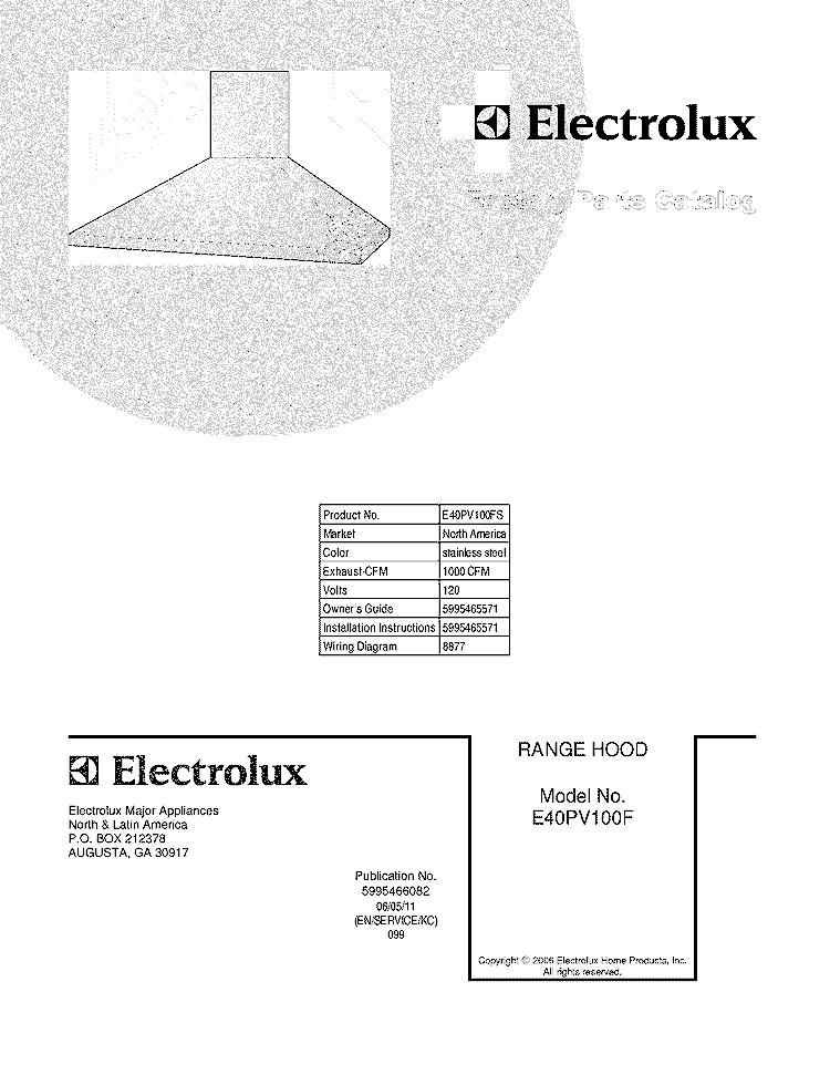 COVER Diagram and Parts List for E40PV100FS  Electrolux Range Hood