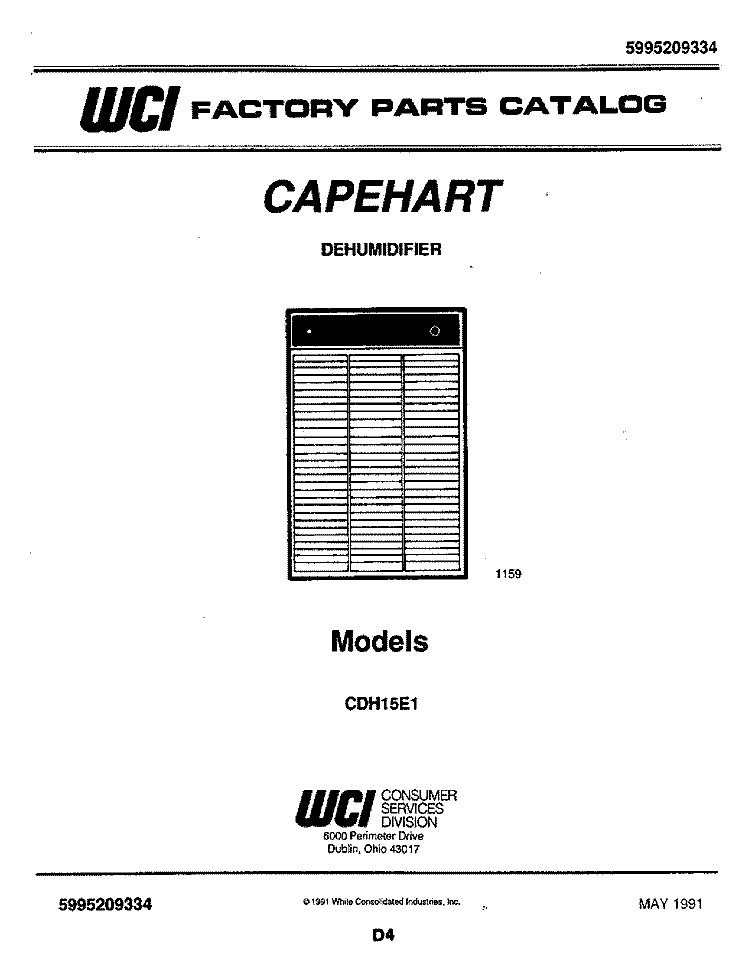 COVER Diagram and Parts List for CDH15E1  Frigidaire Dehumidifier