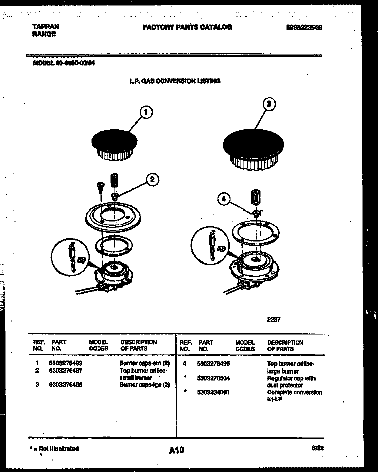 BURNER PARTS Diagram and Parts List for 30-3860-23-04  Tappan Range