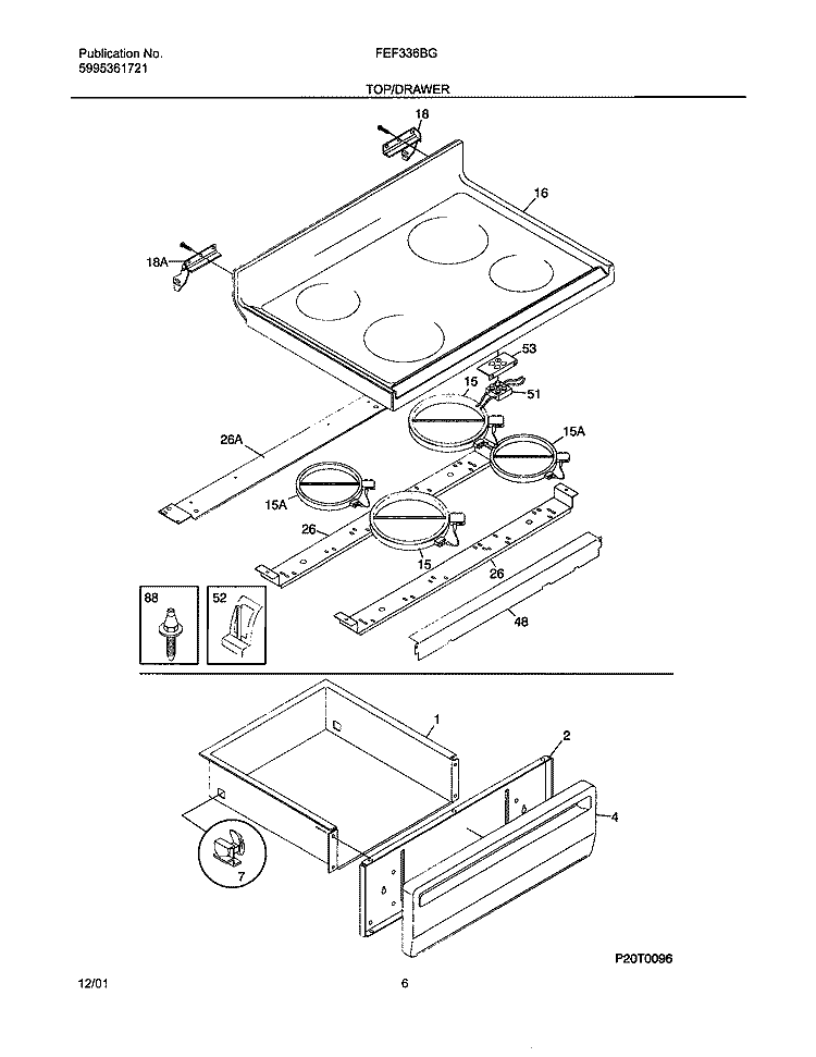 TOP / DRAWER Diagram and Parts List for FEF336BGWF  Frigidaire Range