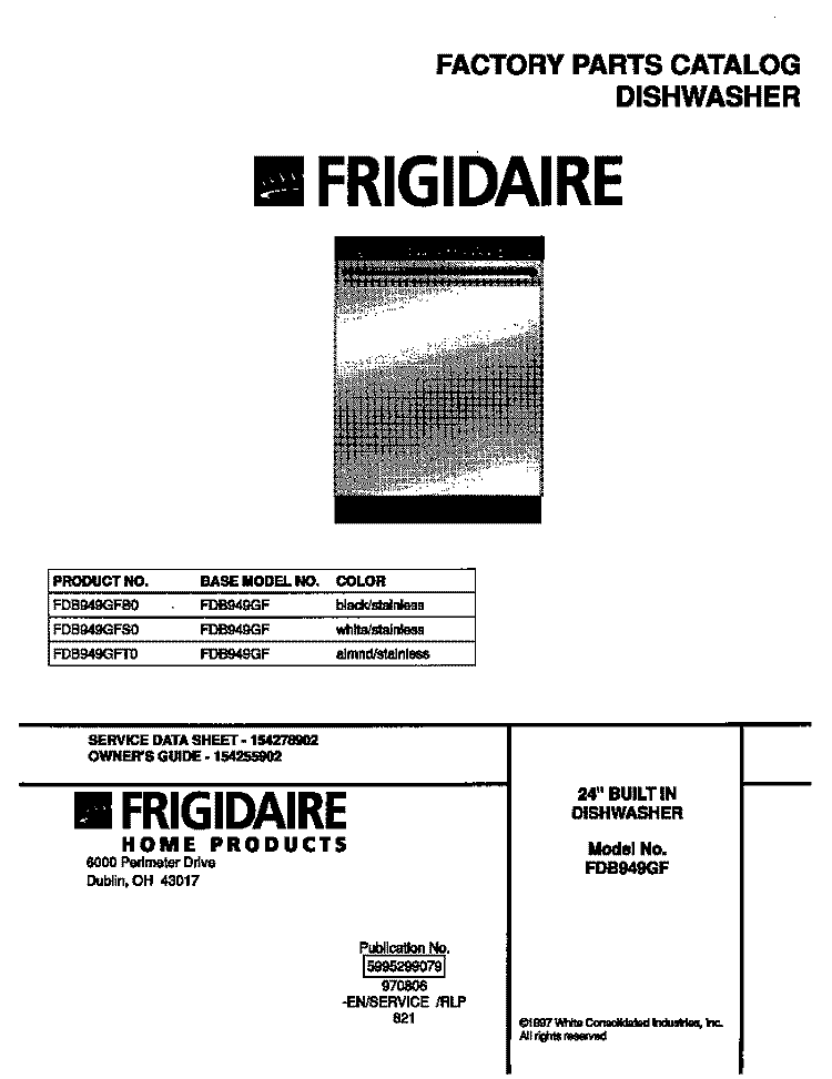 COVER Diagram and Parts List for FDB949GFB0  Frigidaire Dishwasher