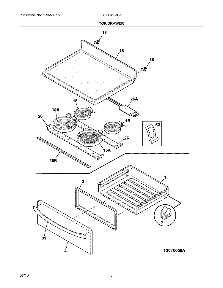 TOP/DRAWER Diagram and Parts List for CFEF368JCA  Frigidaire Range