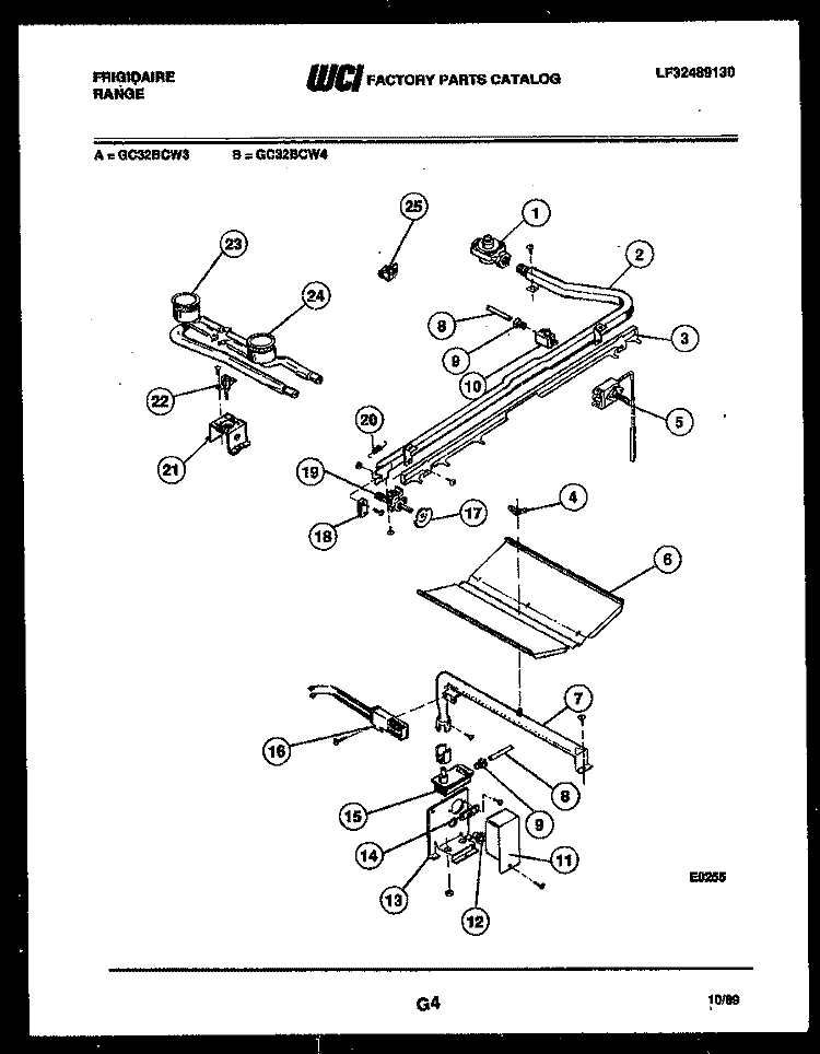 BURNER, MANIFOLD AND GAS CONTROL Diagram and Parts List for GC32BCW4  Frigidaire Range