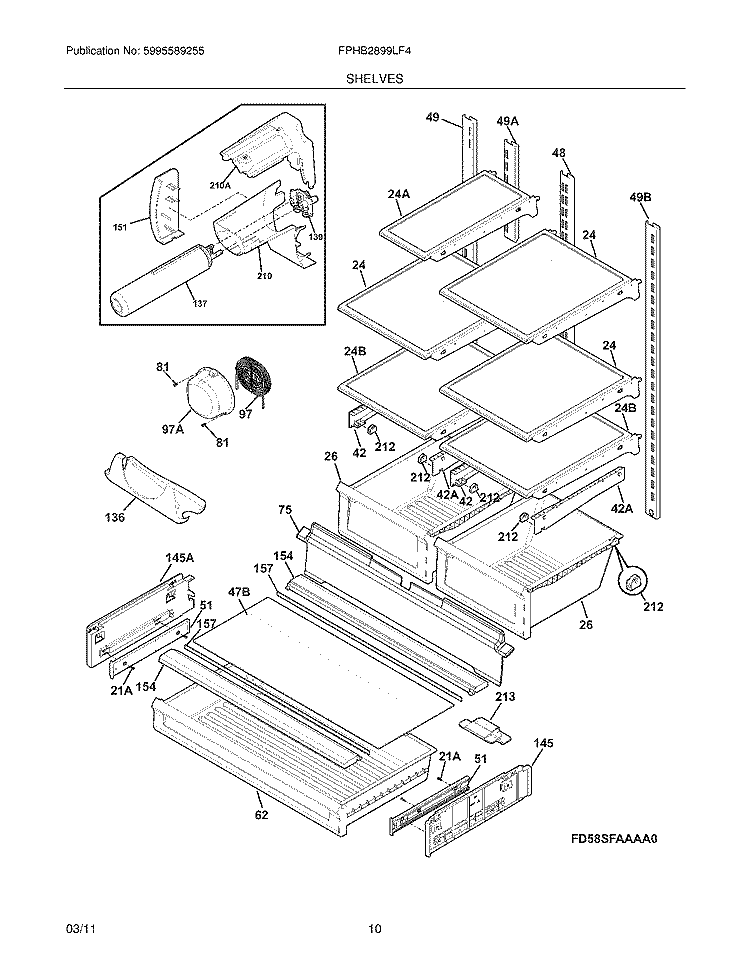 SHELVES Diagram and Parts List for FPHB2899LF4  Frigidaire Refrigerator