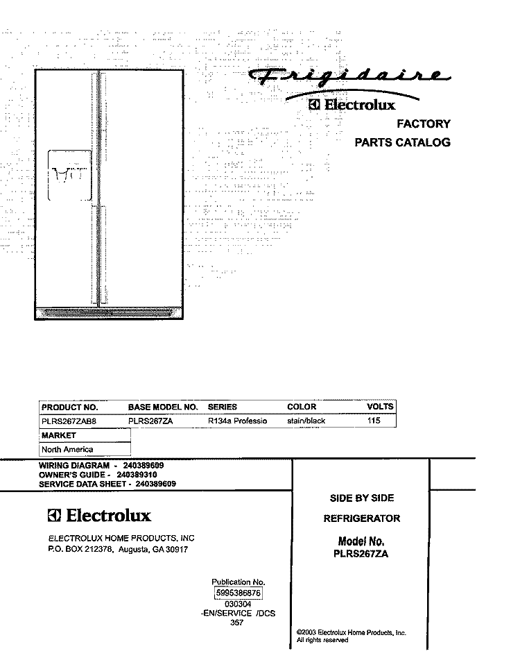 COVER Diagram and Parts List for PLRS267ZAB8  Frigidaire Refrigerator