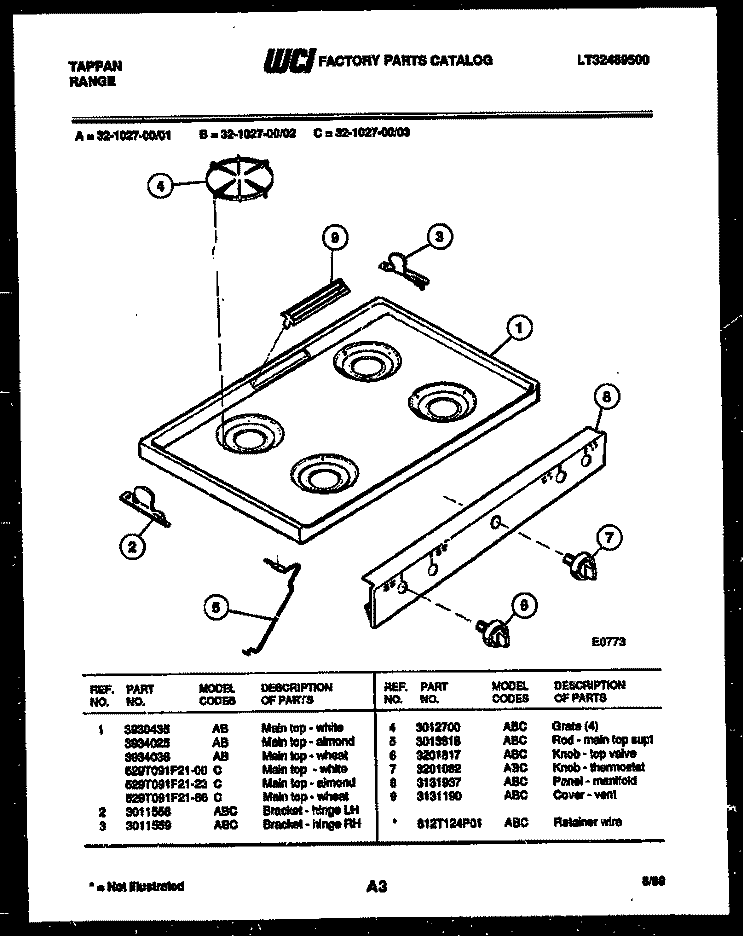COOKTOP PARTS Diagram and Parts List for 32-1027-23-03  Tappan Range