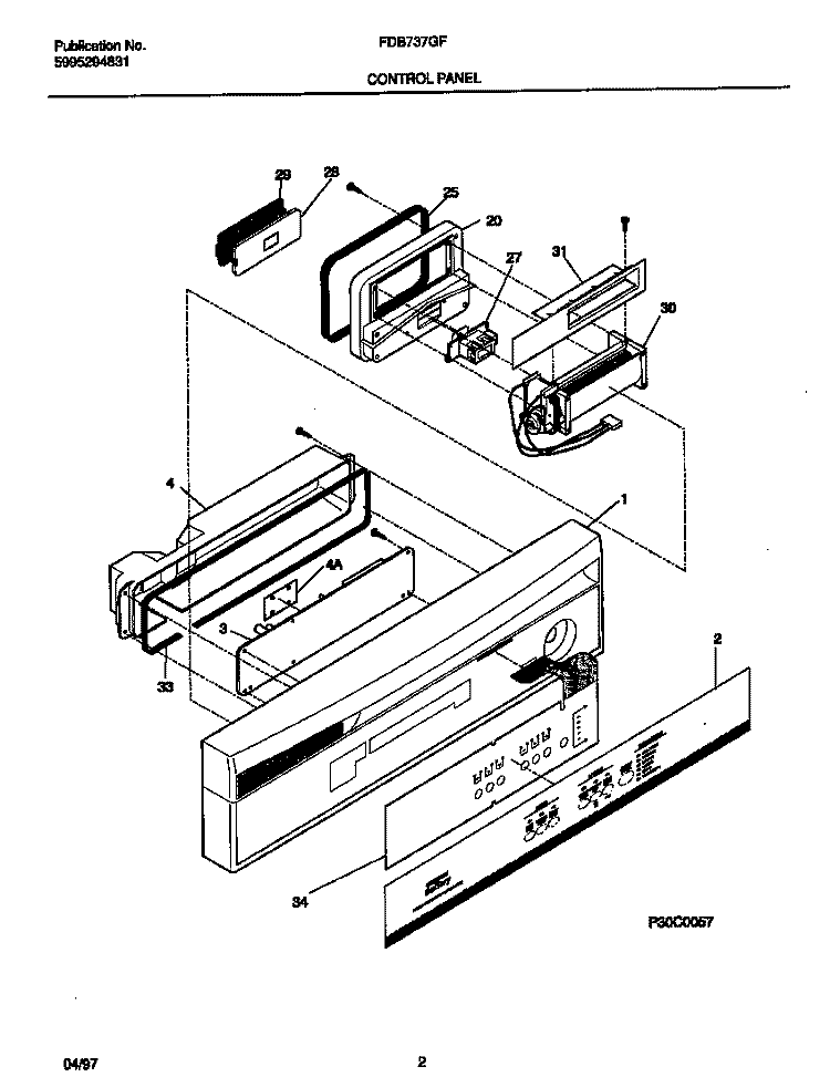 CONTROL PANEL Diagram and Parts List for FDB737GFT0  Frigidaire Dishwasher