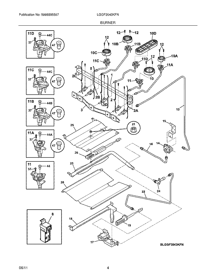 BURNER Diagram and Parts List for LGGF3043KFN  Frigidaire Range