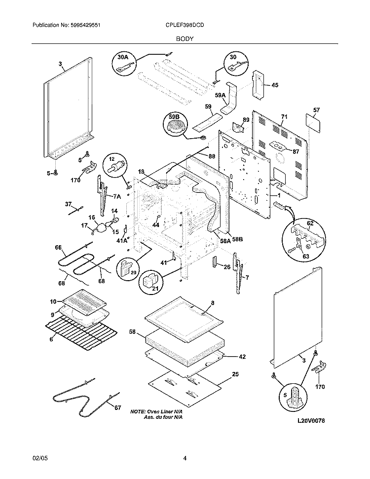 BODY Diagram and Parts List for CPLEF398DCD  Frigidaire Range