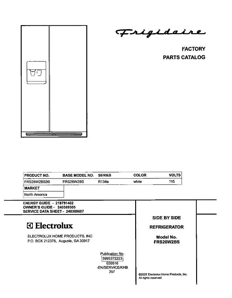 COVER Diagram and Parts List for FRS26W2BSB0  Frigidaire Refrigerator