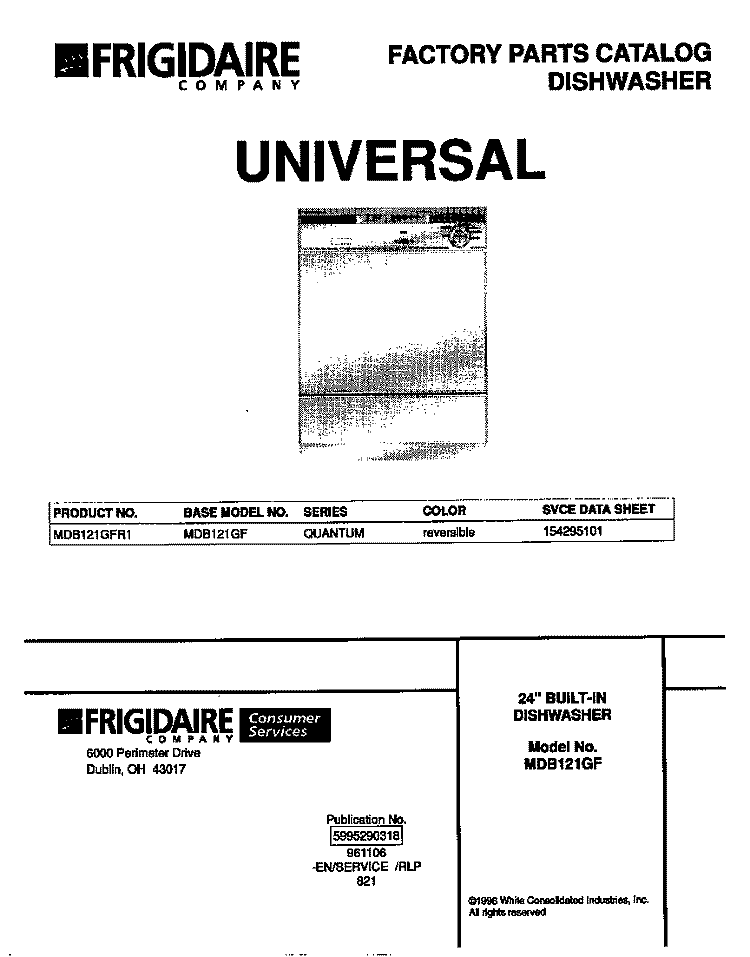 COVER Diagram and Parts List for MDB121GFR1  Frigidaire Dishwasher