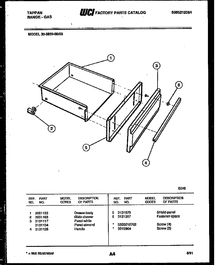DRAWER PARTS Diagram and Parts List for 30-3859-00-03  Tappan Range