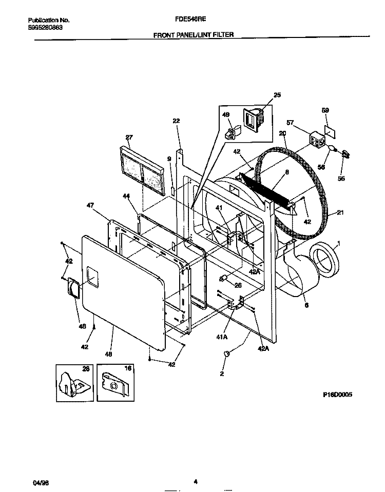 FRONT PANEL / LINT FILTER Diagram and Parts List for FDE546RET0  Frigidaire Dryer