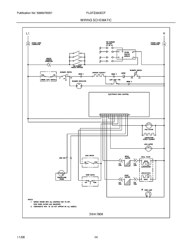 WIRING SCHEMATIC Diagram and Parts List for PLGFZ390ECF  Frigidaire Range