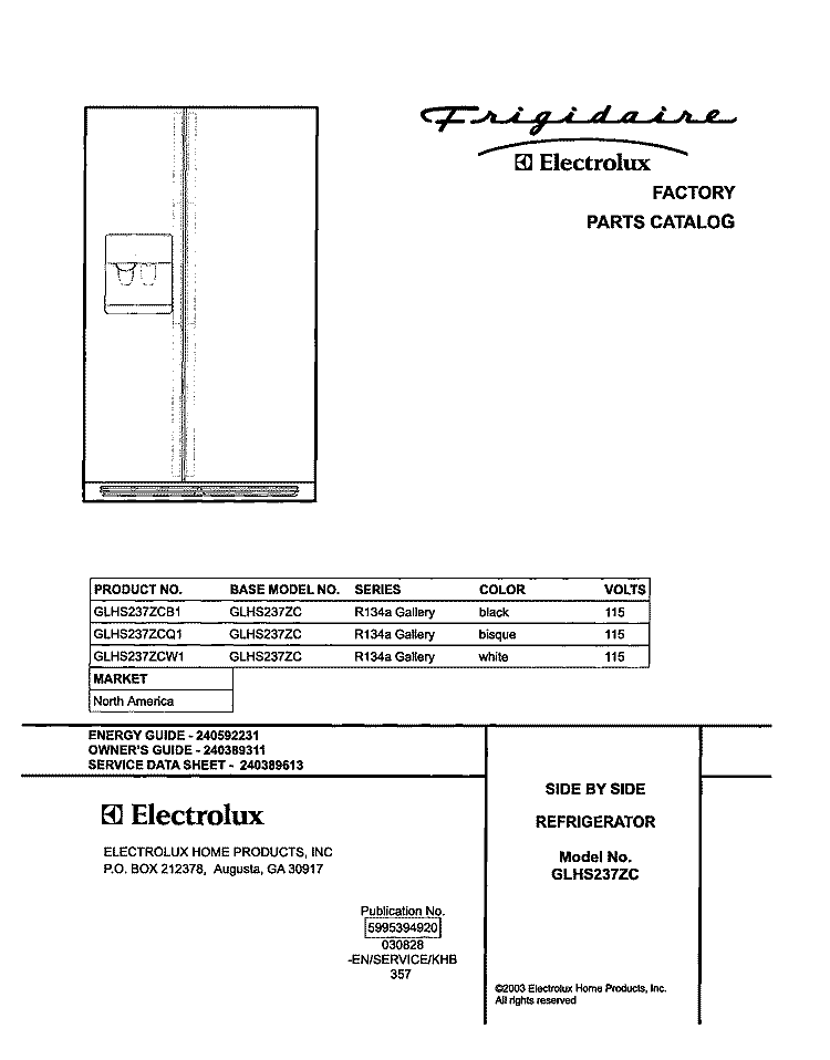 COVER Diagram and Parts List for GLHS237ZCQ1  Frigidaire Refrigerator