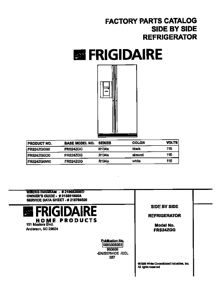 COVER Diagram and Parts List for FRS24ZGGB0  Frigidaire Refrigerator