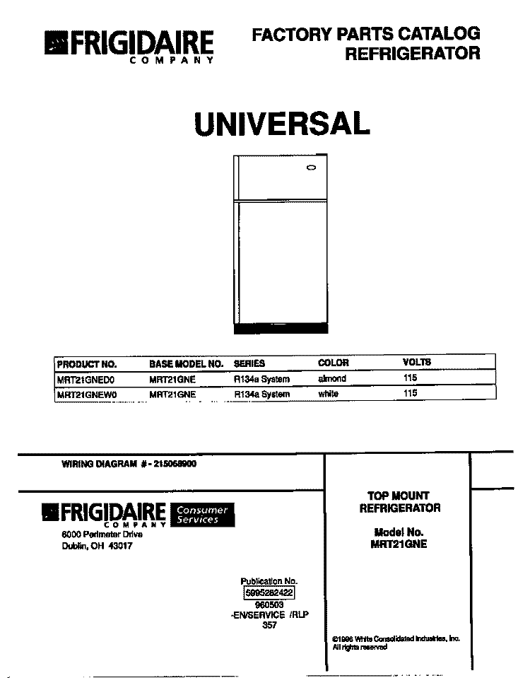 COVER Diagram and Parts List for MRT21GNED0  Frigidaire Refrigerator