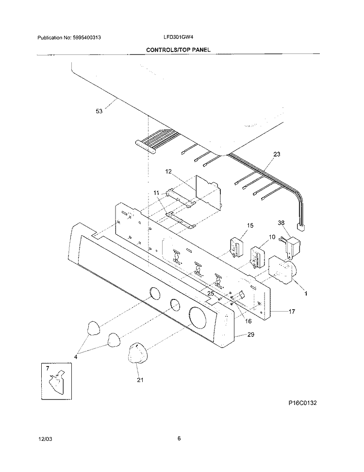 CONTROL / STOP PANEL Diagram and Parts List for LFD301GW4  Frigidaire Dryer