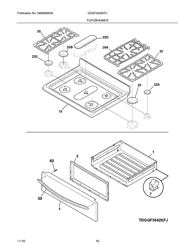 TOP/DRAWER Diagram and Parts List for DGGF3042KFJ  Frigidaire Range