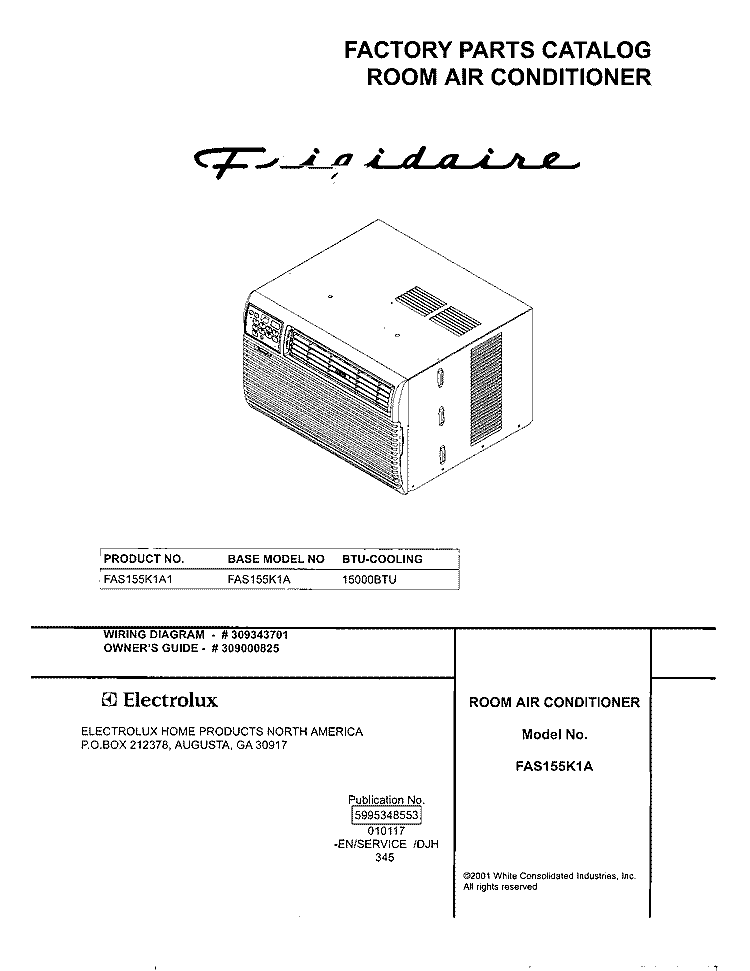 COVER Diagram and Parts List for FAS155K1A1  Frigidaire Air Conditioner