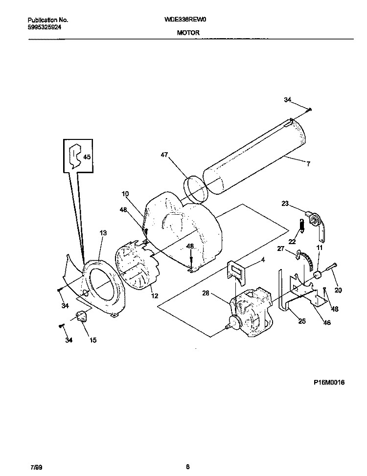 P16M0016 MOTOR, BLOWER Diagram and Parts List for WDE336REW0  Frigidaire Dryer