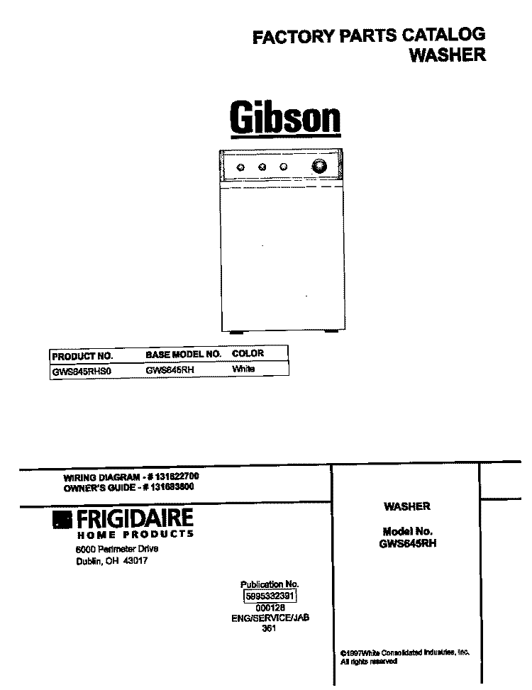 COVER Diagram and Parts List for GWS645RHS0  Gibson Washer