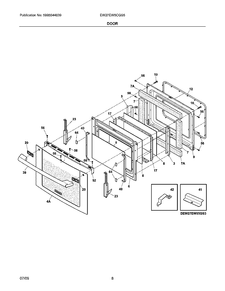 DOOR Diagram and Parts List for EW27EW5CGS5  Electrolux Wall Oven