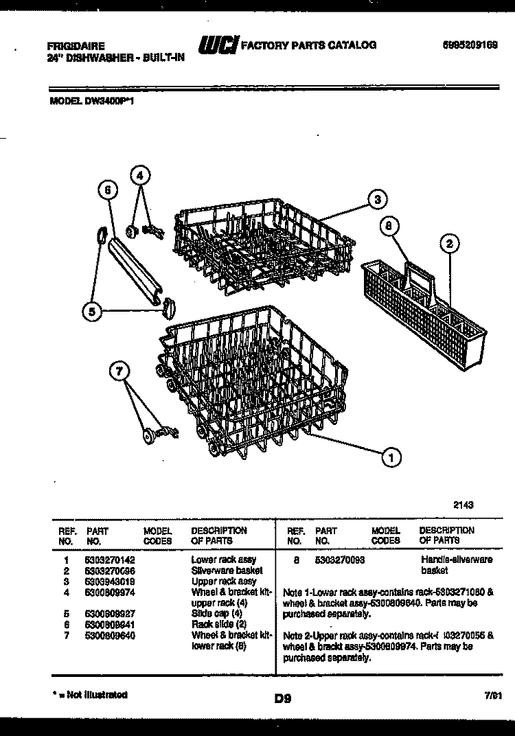RACKS AND TRAYS Diagram and Parts List for DW3400PW1  Frigidaire Dishwasher