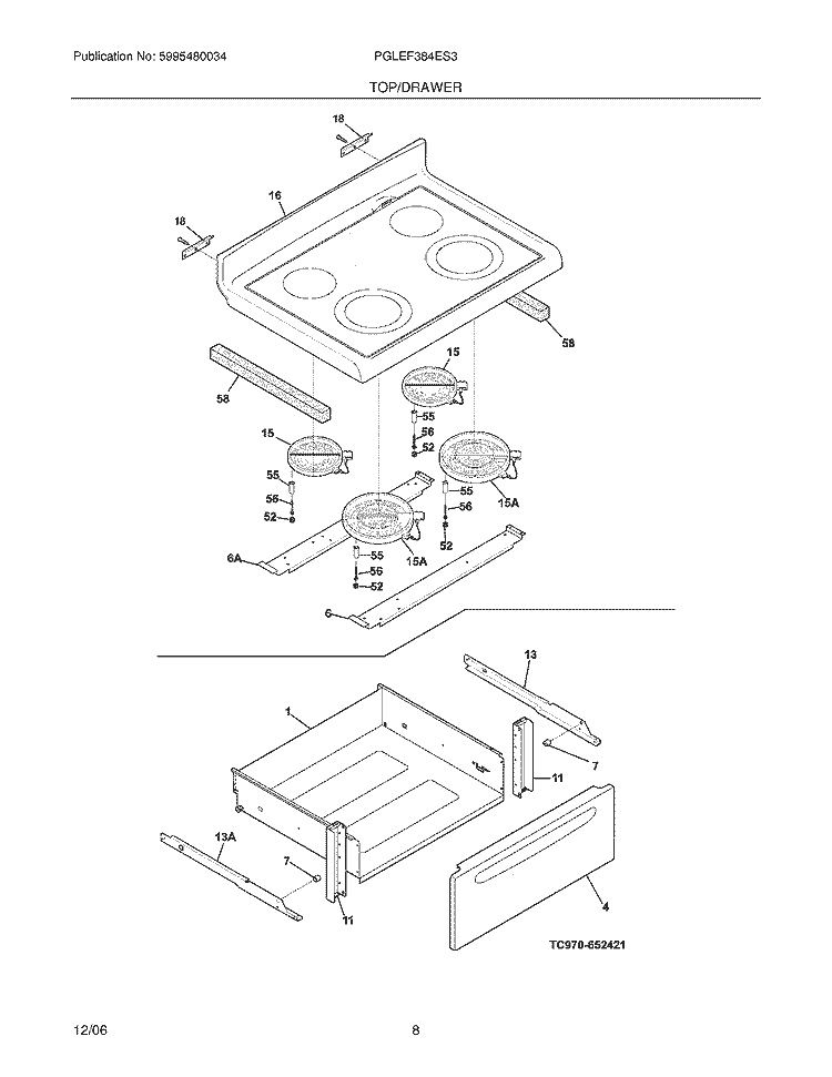 TOP / DRAWER Diagram and Parts List for PGLEF384ES3  Frigidaire Range