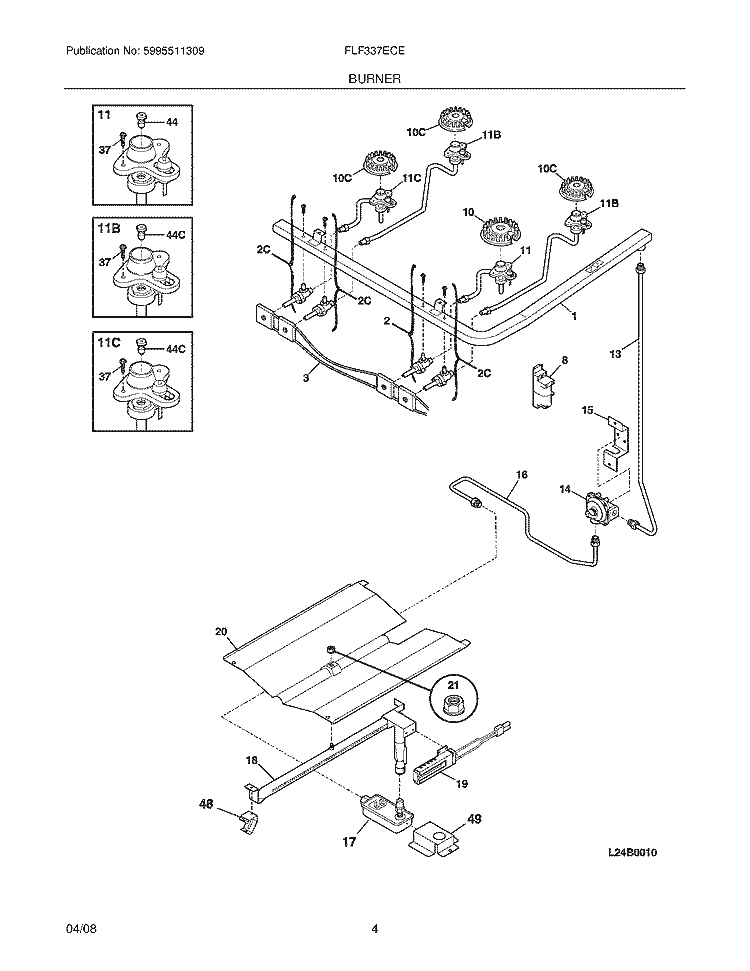 BURNER Diagram and Parts List for FLF337ECE  Frigidaire Range