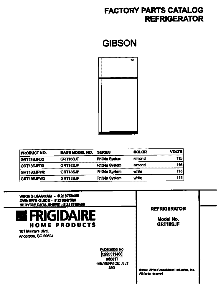 COVER Diagram and Parts List for GRT18SJFD3  Gibson Refrigerator
