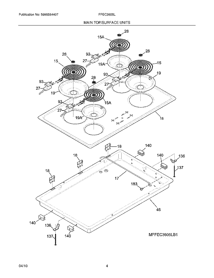 MAINTOP/SURFACE UNITS Diagram and Parts List for FFEC3605LB1  Frigidaire Cooktop