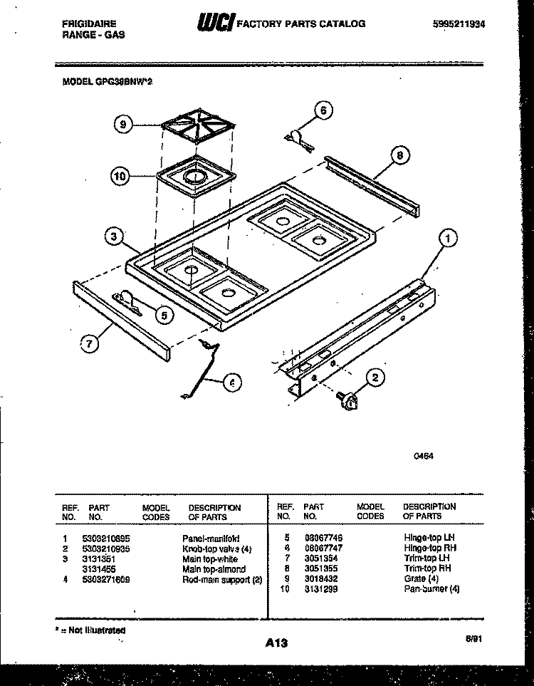 COOKTOP PARTS Diagram and Parts List for GPG38BNW2  Frigidaire Range