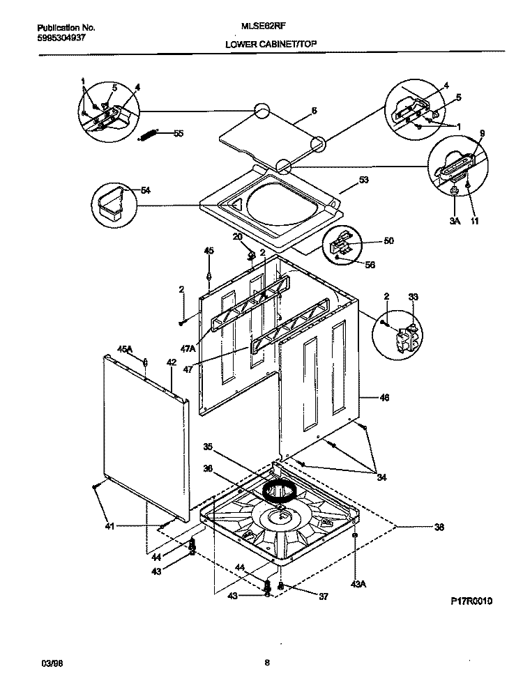 LOWER CABINET / TOP Diagram and Parts List for MLSE62RFD0  Frigidaire Washer Dryer Combo