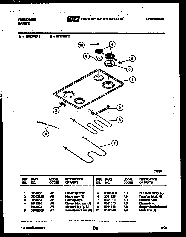 COOKTOP AND BROILER PARTS Diagram and Parts List for R533MDW1  Frigidaire Range