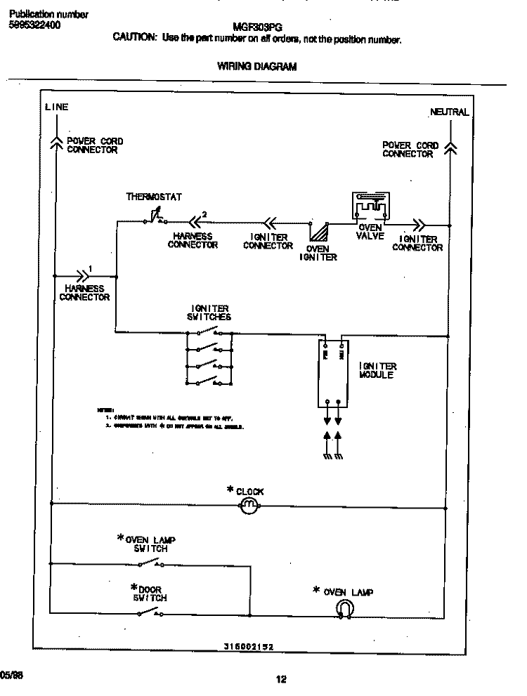 WIRING DIAGRAM Diagram and Parts List for MGF303PGDD  Frigidaire Range