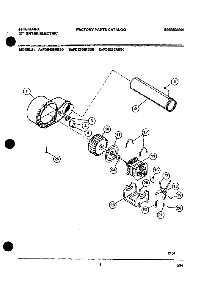 BLOWER AND DRIVE PARTS Diagram and Parts List for FDE336RBS0  Frigidaire Dryer
